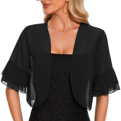 Atxnn Women's Bolero Shrug Summer Chiffon Cropped Cardigan Tops UK Ruffled Half Sleeve Jacket Ladies Open Front Sheer Shrugs Shawl, Black XL