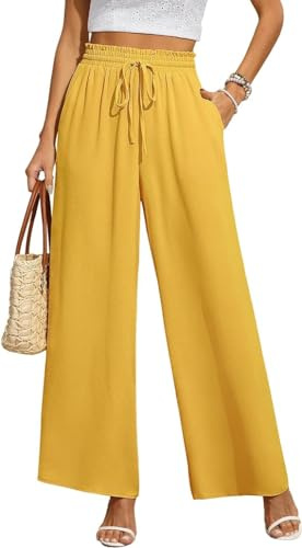 BEIGAI Pantalones Palazzo para mujer, anchos, corte recto, cintura alta, elásticos, elegantes, con bolsillos, amarillo claro, M