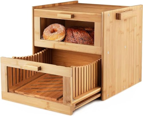 Affettatrice per pane in bambù 2 in 1, con finestra trasparente, organizer multifunzione da cucina e affettatrice pieghevole, per riporre la casa