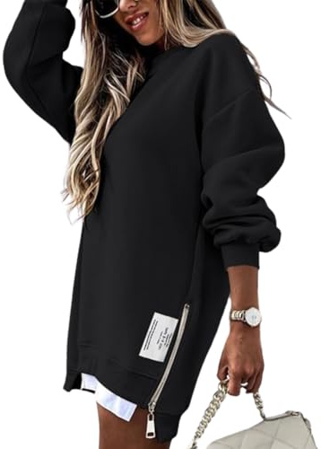 CHICME Women Casual Fall Sweatshirt Oversized Hoodie Long Sleeve Zipper Design Sweatshirt Dress Black-L