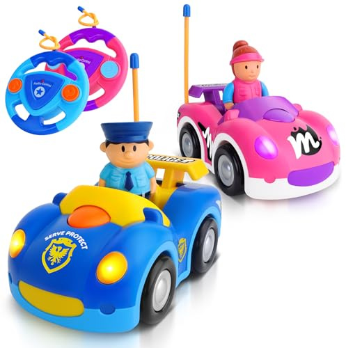 2 Pack Cartoon Remote Control Cars - Police Car & Race Car for Toddlers 2-4 Year RC Distance 164 Feet with LED Lights & Music, Toddler Remote Control Cars ages 2-4 Boy Girl Christmas Birthday Gifts