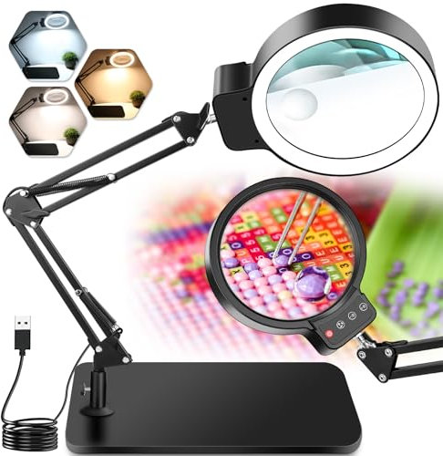 NZQXJXZ 10X 30X Lente di Ingrandimento con Luce e Supporto, Lampada di Ingrandimento Illuminata a LED, 3 Modalità Colore, Lampada da Scrivania con Lente di Ingrandimento per Lettura, Hobby Artigianale