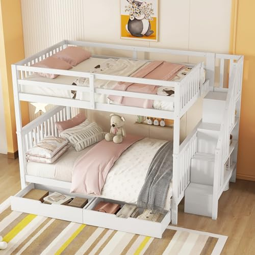 Letto a castello 140 x 200 cm, con cassetti e scale, letto a soppalco per 2 bambini, letto per ragazzi con rete a doghe e protezione anticaduta, letto funzionale senza materasso (bianco, con cassetti