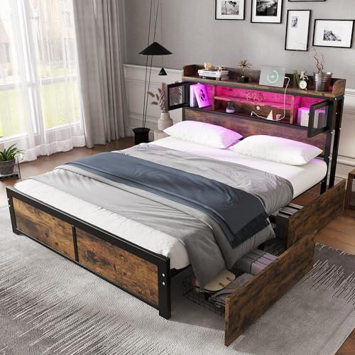 BTM Metal Bed, 4FT6-135x190cm Double Bed with 2 Drawers, LED Light Strip and 3 Charge Ports, Black+Wood Color Double Bed with Storage, No Mattress