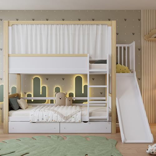 Lettino a castello, 2 cassetti con ruote, con scivolo per bambini, letto superiore con tenda in tessuto, pino + MDF + compensato, bianco+naturale, 90 x 200 cm