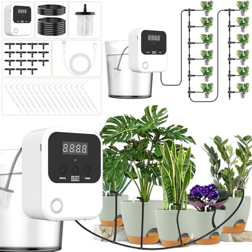Système D'arrosage Automatique, Kit D'irrigation avec 15 pointes de goutte à goutte, Arrosage Automatique goutte à goutte USB-C rechargeable pour Jardin, Balcon, pour jusqu'à 15 plantes en pot