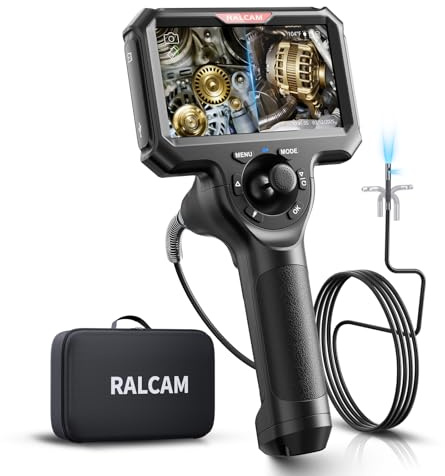 Ralcam Telecamera Endoscopica 360° con Luce, Doppia Telecamera 6,5mm, Display HD 5, IP67, Cavo Semi-Rigido 1,5M, 6+1 LED, per Tubi, Auto e Uso Industriale