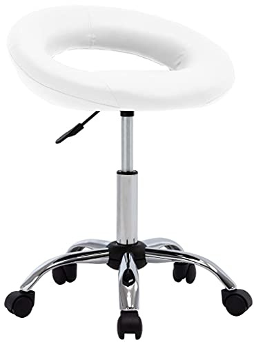 Owoxanthellate Taburete de trabajo blanco ajustable en altura 46 × 43 × 55 – 66 cm, piel sintética, ruedas, silla giratoria cromada, tatuaje, cosméticos, oficina en casa