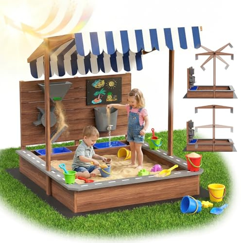 MAMIZO Arenero de Madera para niños de 3 a 10 años, Arenero Infantil de Exterior con Techo Ajustable, Grifo, 2 Barreño, Base Tela no Tejida Negra, Sandbox para Jardín, Patio, Balcones, 100x111x105 cm