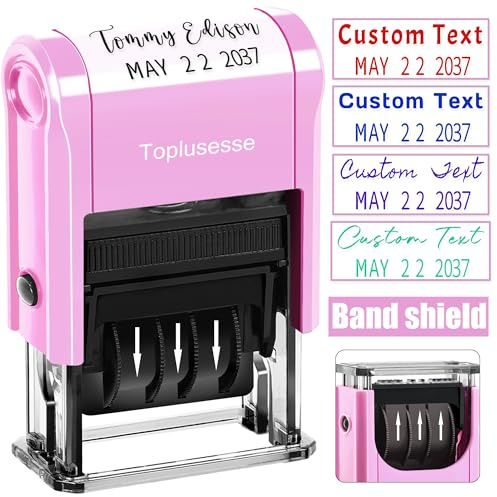 Custom Date Stamp Personalized Signature Stamp with Date Self Inking Signature Date Stamper for Business 1 Line Custom Text with Date Choose from Many Fonts and Colors Pink 2026-2037