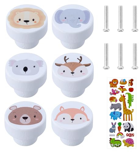 EUGENEKELLY Lot de 6 boutons d'armoire en bois pour chambre d'enfant - Motif animal - Ronds - Boutons de tiroir avec vis - Blanc