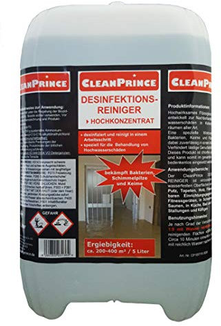CleanPrince 5 Liter Desinfektionsreiniger Hochkonzentrat Konzentrat | Desinfektion Reiniger Reinigungsmittel alle wasserfeste Oberflächen
