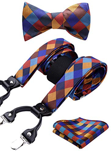 HISDERN Bretelle da uomo set papillon e fazzoletto Y Regolabile 6 Clip Modello classico