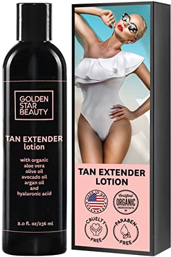 Tan Extender Daily Moisturizer - Best After Tanning Lotion w/Organic Oils and Hyaluronic Acid to Extend Your Tan from Sunless Tanner, Spray Tan, Sun or Tanning Bed 8.0 fl.oz.- Booklet included