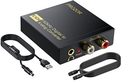 PROZOR DA Wandler 192kHz Digital Analog Konverter 5.1CH Optischer Cinch-Konverter mit magnetischem Ring Netzkabel, Digital Toslink SPDIF auf Analog L/R RCA 3,5mm Adapter für HDTV Blu-Ray DVD PS3 PS4