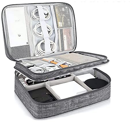 XunHe Travel Cable Organiser Bag, 3-Layer Electronics Gadget Travel Bag, Universal Waterproof Portable Travel Accessories Organizer Bag for Cable Wires Chargers Mouse Hard Driver USB Disk (Grey)