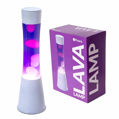Fisura - Lámpara de lava morada. Base blanca, líquido morado y lava blanca. Lámpara efecto relajante. Con bombilla de repuesto. 11 cm x 11cm x 39,5 cm.