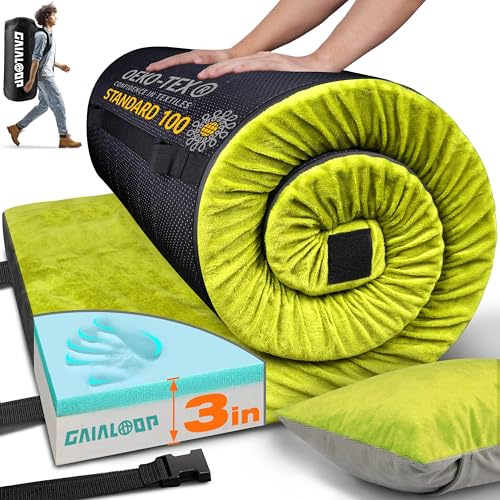 GAIALOOP 3 Inch Memory Foam Camping Mattress, Dual Layer Thick Sleeping Camp Pad for Car Tent Cot, Roll-Up Portable Glamping Floor Bed for Guests Sleepover[Single: 75 * 30 * 3]