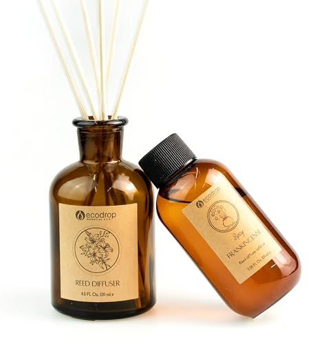 Ecodrop Frankincense Reed Diffuser Set - 100ml | Relaxing Spice Scented Aromatherapy Fragrance Oil, a Glass Bottle & 6 Wooden Reed Sticks | Office & Home Spa Gift for Kitchen, Bedroom & Living Room