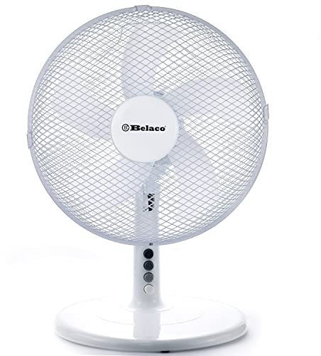 Belaco 12inch Table Fan Desk Fan with 3 Speed Oscillating cooling fan Stand Fan floor fan Low Noise Strong Resistant Base high protective mesh grill home office (White)