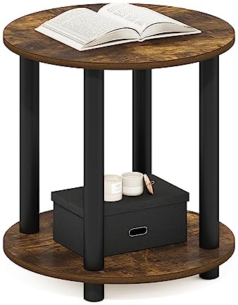 Furinno TURN-N-TUBE Side Table, 2-Tier Small Round End Table with Open Shelf, Toolless Assembly Night Stand, Bedside Table, for Living Room, Bedroom, Amber Pine