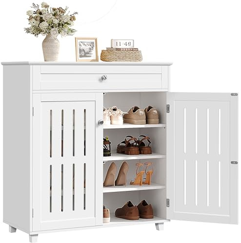 Yaheetech Shoe Cabinet, 4-Tier Shoe Storage Cabinet with Drawer & Adjustable Shelves, Wooden Shoe Rack Organizer with Louvered Doors for Entryway, Hallway, Closet, Living Room, White