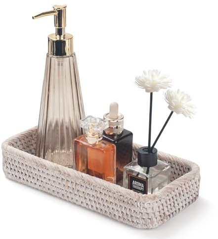 Bandeja Ratán de Baño Cestas Almacenaje Organizador para Toallas de Mano, Decorativas (Blanca 26 x 12.5 x 4cm)