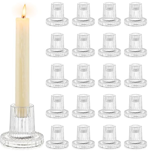 Romadedi Glass Taper Candle Holders - 20 Pcs Clear Small Candlestick Holder Bulk for Wedding Table Centerpiece, Short Candles Sticks Holder for Party Christmas Dinner Decorations