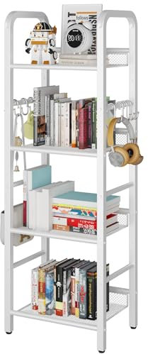YMYNY Bookshelf, Bookcase, 4-Tier Storage Shelf, Metal Shelving Unit, 8Pcs S Hooks, Modern Style, 36 x 27 x 116 cm, Corner Shelf, Display Units for Living Room, Bedroom, Office, White HBC054W