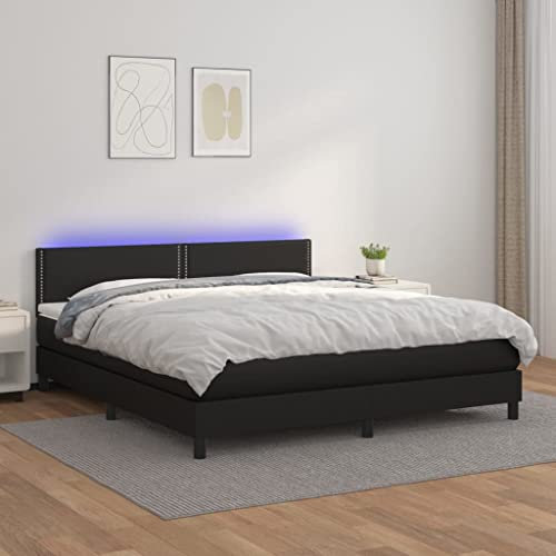Gecheer resårsäng med madrass och LED-stoppningssäng, ungdomssäng, sängram, gästsäng, sovrum/enkelsäng, balksäng, sängram, lamellram, träsäng, svart, 180 x 200 cm, konstläder