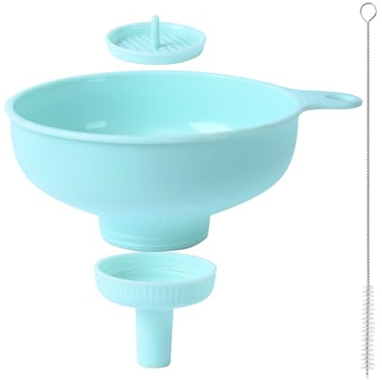 Embudo de cocina de 3 piezas con 1 cepillo, embudo de cocina de plástico, embudo multifuncional con 2 tamaños de boquilla para botellas de apertura ancha o estrecha