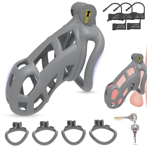 FLUTOY Chastity Cage Male Cobra 2.0, Peniskäfig Keuschheitsgürtel Keuschheitskäfig mit 4 Hodenringe,Sklaven Sexspielzeug für die Männer extrem Sex Toyset Herren (Grau - XL)