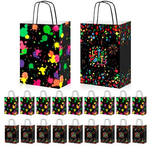 FINEASY 20 Pezzi Neon Sacchetti per Feste, Glow in Dark Sacchetti Regalo, Sacchetti Carta con Manici, Buste Regalo, Sacchetti Regalo per Compleanni e Feste al Neon Fluorescenti