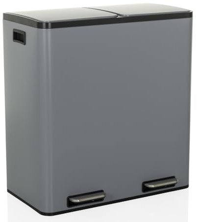 hjh OFFICE Mülleimer 2 x 30L CLEAN XIII Stahl, Mülltrennsystem, Abfalleimer mit Softclose, Treteimer mit 2 Fächer, Grau