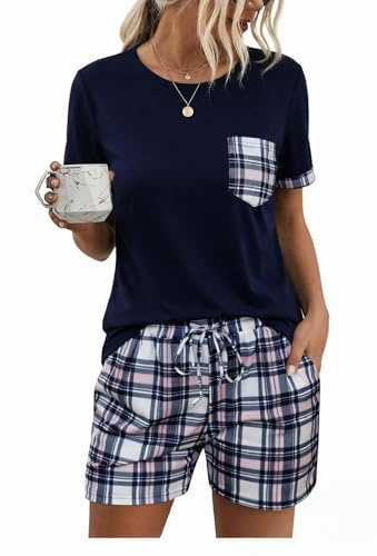 Aseniza Women's Pyjamas Sets Short Sleeve Ladies Pjs Cotton Loungewear | Two Piece Pj Sets Nightwear Sleepwear Top & Bottoms with Pockets