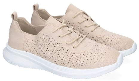 91116 Zapatilla Deportiva de Mujer Casual, Diseno Calado Moderno y Elegante, Material Ligero Comodas, Ideales para el Dia a Dia con Cierre de Cordoneras. Beige Talla 40