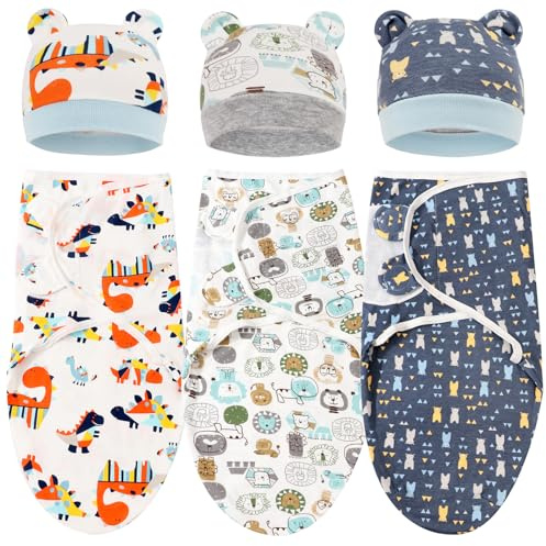 DRESHOW Ensemble de Couvertures Emmaillotables pour Nouveau-né Bonnet Emmaillotage Imprimé Sac de Couchage Ajustable pour 0-3 Mois Filles et Garçons