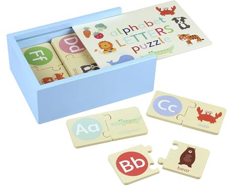 Alphabet Letters Puzzle Set, 26 Two-Piece Matching wooden puzzle pieces with Animals and Objects, Educational Learning Toy with Storage Box