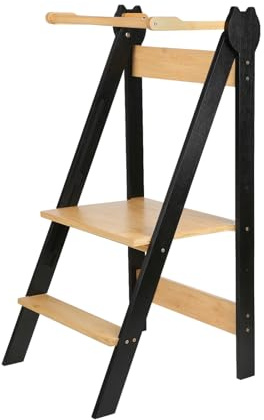 Tour d Observation Enfant, Tour Montessorienne d'apprentissage Pliable Multi-usages Tour d'apprentissage en Bois Naturel de Bouleau, Pliable, Sécurité-88 * 45 * 45 cm-café Noir