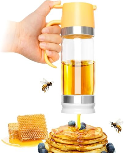Syzplnwy Glas honungsdispenser 350 ml (12 oz) – droppfri pip med handtag och halkfri bas, mångsidig glasbehållare för honung, smakkoncentrat kaffe (diskmaskinstålig) (gul)