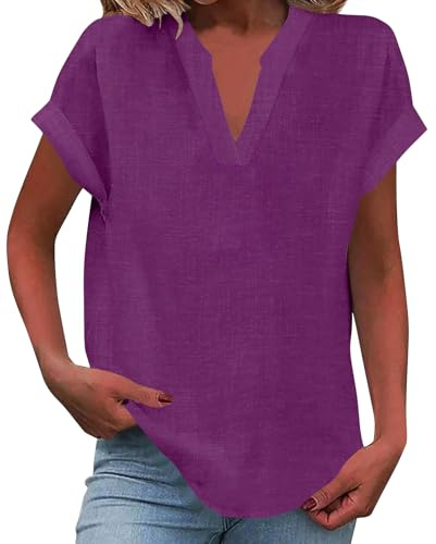 shownicer Camicia Donna Elegante Estiva Manica Corta Camicetta in Lino Cotone Scollo a V Camicia Eleganti Curvy Blusa Magliette Tshirt A Violet XL