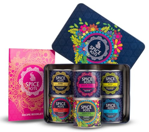 Spice Pots Indian Spice Gift Set with Recipe Book – 6 Curry Blends & 35 Easy Recipes – Indian Cooking Kit in Reusable Storage Tin – 24–30 Family Meals – Father’s Day Gift – Vegan & Gluten Free