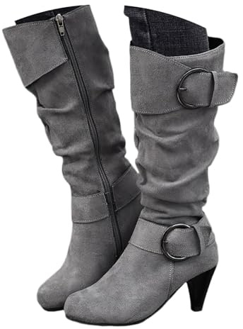 Xbemkste Bottes western pour femme - Bottes longues avec talon en daim - Bottes larges - Vintage - Bottes hautes - Bottes hautes - Bottes chaudes - Bottes d'hiver, gris, 37 EU