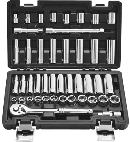 VEVOR Jeu de Douilles SAE et Métriques Profonds et Peu Profonds, Kit d'Outils de Mécanicien 44PCs, avec Clé à Cliquet à Entraînement 9,5 mm, Accessoires et Étui, en Acier Allié CR-V, pour Réparation