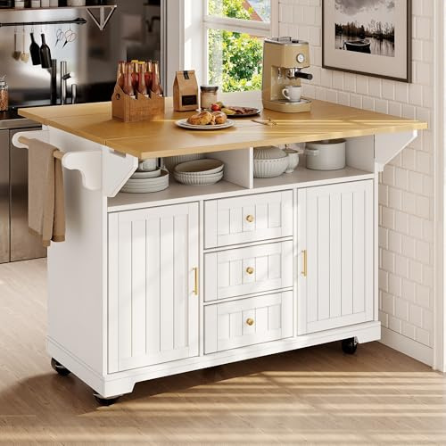 Oslghy Isla De Cocina Móvil con Ruedas, Aparador, Carro de Cocina con Mesa de Comedor Abatibles, Mueble Auxiliar de Cocina con Estanterías Abatibles, Dos Puertas, Tres cajones, 120x40-80x95cm (Blanco)