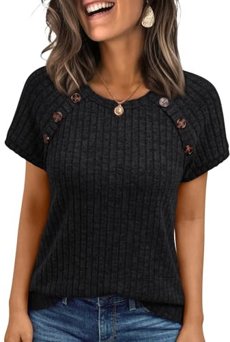 AUTOMET Women's Short Sleeve Decorative Buttons Shirts Black M