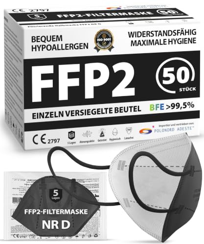 ADESTE – 50 x FFP2 NR D-mask, hygienisk 5-lagers dammskyddsmask, EN149:2001 A1:2009 munskydd EU2016/425, svart, andningsmask, enstaka förseglade påsar
