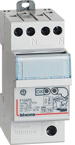 BTicino F10AP2 Serie BTDIN Limitatore Sovratensione SPD Autoprotetto, 2 Poli, in 10 kA, Grigio