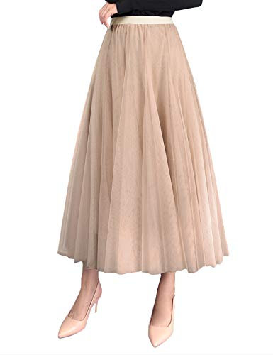 FEOYA Langer Chiffonrock für Damen, einfarbig, elastisch, hohe Taille, beige, Einheitsgröße