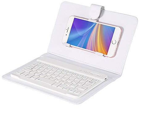 English Wireless Bluetooth Keyboard Detachable Magnetic Keyboard Clamshell Leather Case With Hands Free Stand for Android, for Windows, for iOS (for 4.5-6.8 Smartphone)(White)